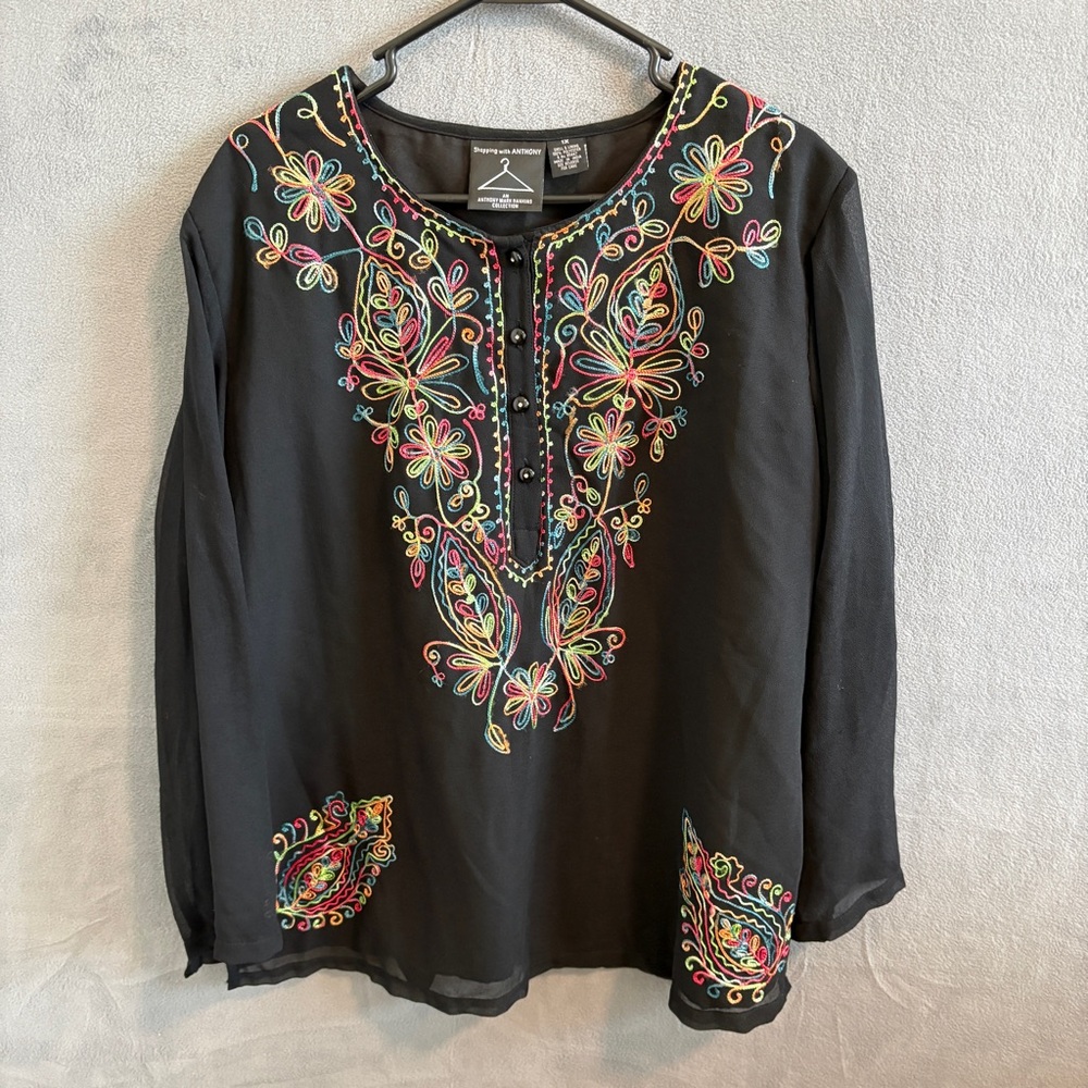 Black Embroidered Floral Tunic Blouse